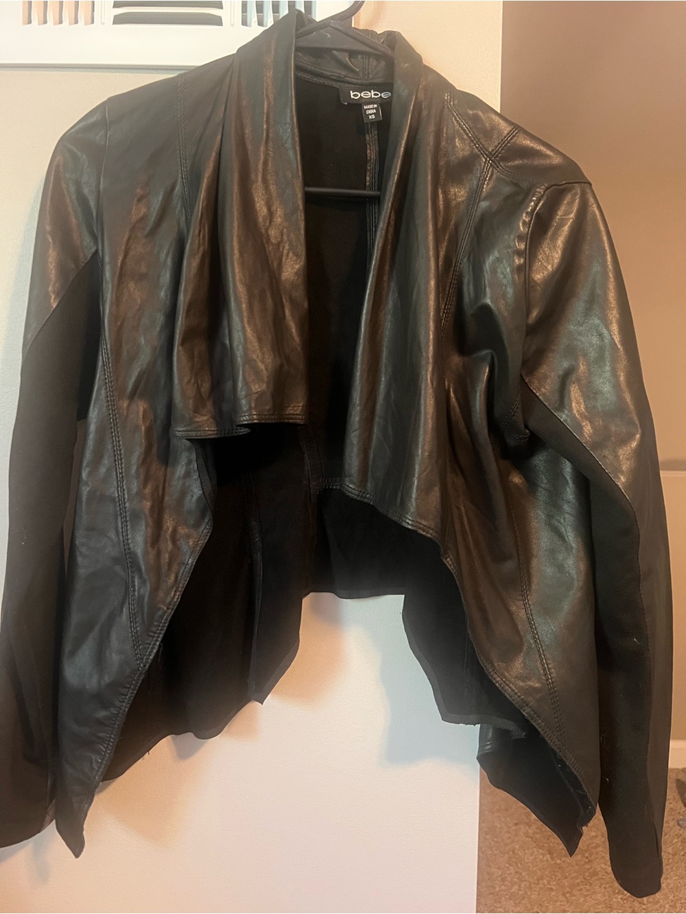 bebe Black Draped Open-Front Leather Jacket